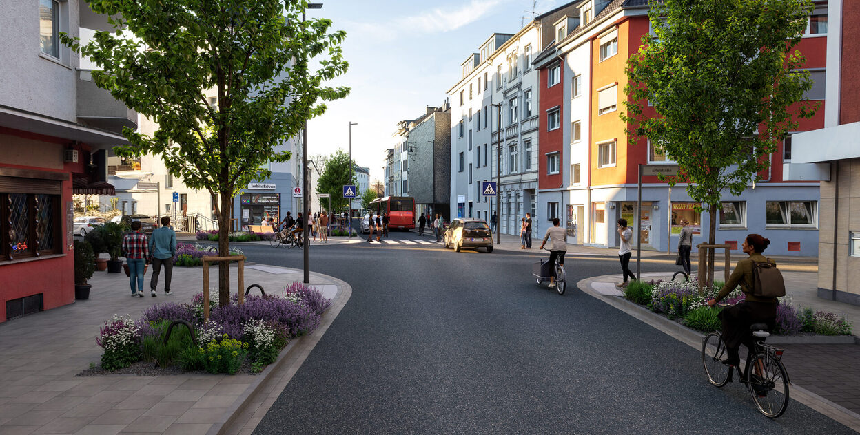 Viel Grün und breite Gehwege: So wird die Bornheimer Straße nach Abschluss des Bauprojekts aussehen. Die Visualisierung zeigt die Kreuzung Bornheimer Straße/Eifelstraße.