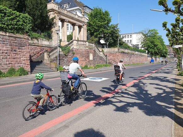 Eine Familie fährt mit ihren Rädern auf der Fahrradstraße am Bonner Rheinufer. Durchgezogene rote Linien am Fahrbahn und Piktogramme kennzeichnen die Fahrradstraße.
