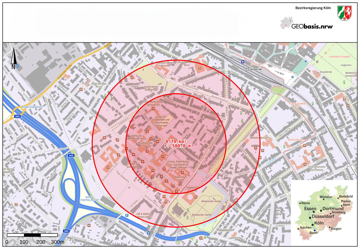 Die Grafik zeigt die Evakuierungsradien von 300 Metern (innerer Kreis) und von 500 Metern (äußerer Kreis) um den vermeintlichen Fundort.