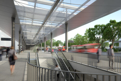 Die Visualisierung zeigt die große und breite Mittelinsel des neuen ZOB mit transparentem Dach und den Rolltreppen hinab zum Bahnhof.