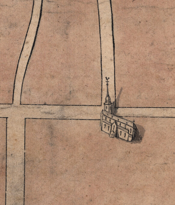 Pfarrkirche St. Remigus. Ausschnitt aus dem Stadtplan von Hermann Sandfort. Zeichnung, um 1780.