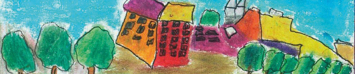 Ein gemaltes Bild mit bunten Häusern, Bäumen und einer Mauer