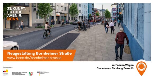 Die Visualisierung zeigt einen Abschnitt der Bornheimer Straße in Zukunft: Mit breiten Gehwegen.