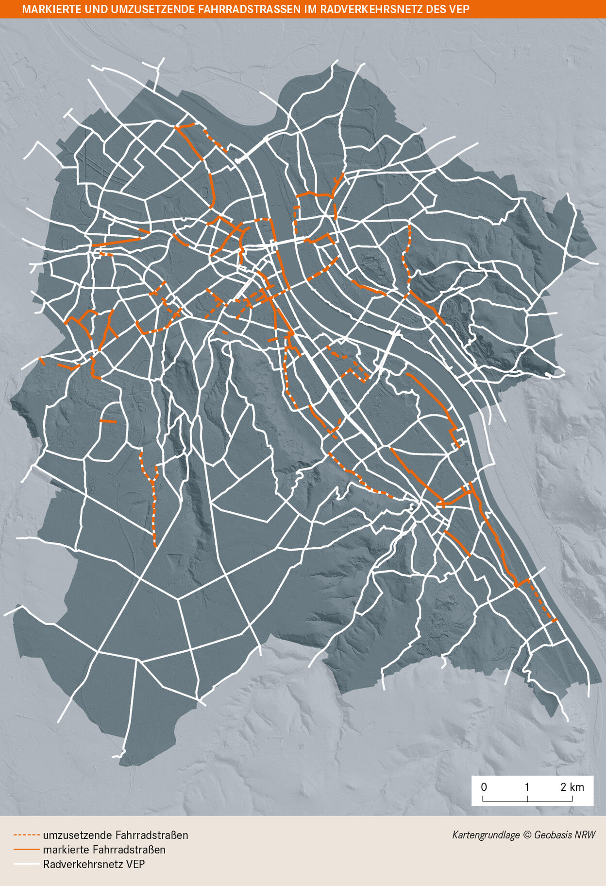 Die Karte zeigt markierte und umzusetzende Fahrradstraßen im Radverkehrsnetz in Bonn.