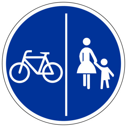 Ein runder Schild zeigt ein Rad und Fußgänger in weiß auf blauem Grund.