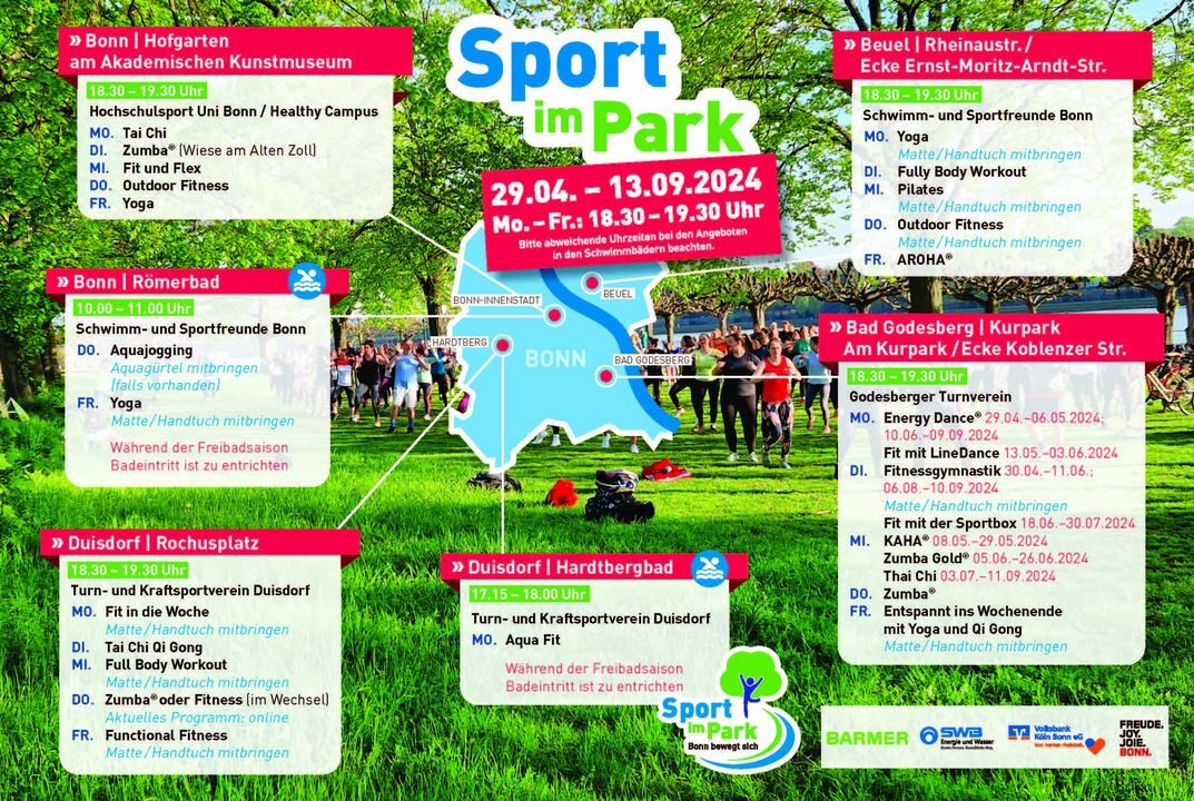 Das Plakat zeigt die Veranstaltungen 2024 bei Sport im Park