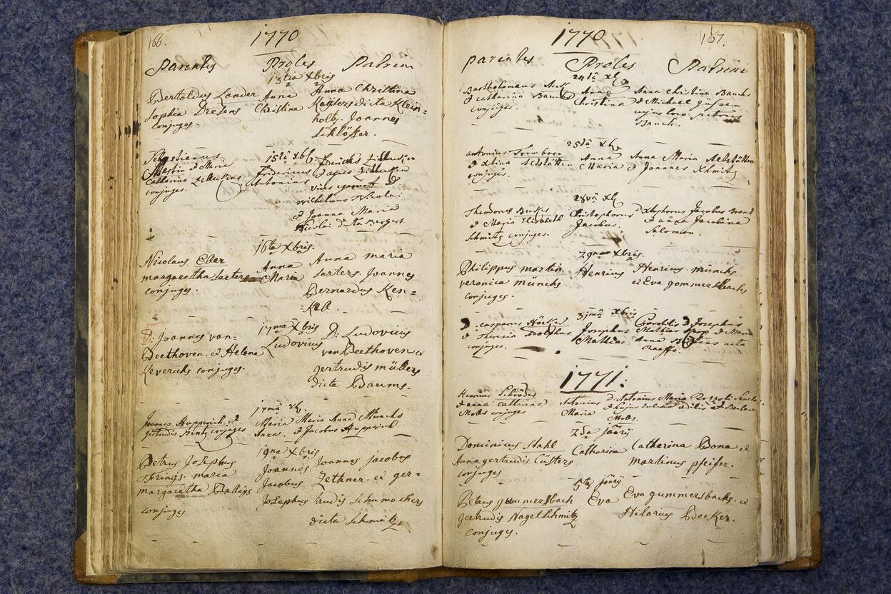 Der handgeschriebene Taufeintrag Ludwig van Beethovens im Kirchenbuch von 1770.