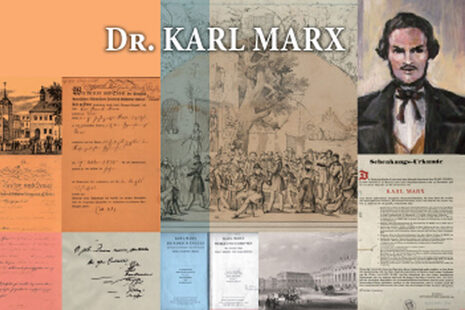Zu sehen ist eine Collage mit Dokumenten und einem Bild von Karl Marx