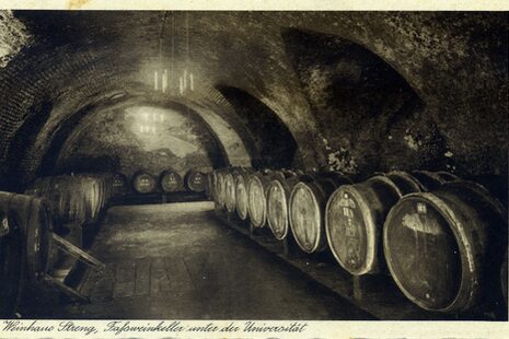 Zu sehen ist ein Schwarz-Weiß-Bild. Es zeigt einen Keller mit Weinfässern. Es handelt sich um den Weinkeller unter der Universität des Weinhauses Streng.