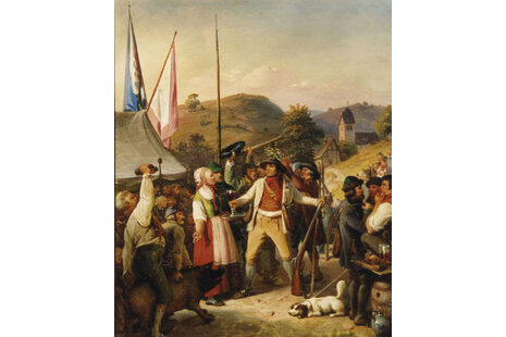Zu sehen ist ein älteres Bild in Sepiafarben. Es zeigt Menschen und im Hintergrund kleine Hügel.