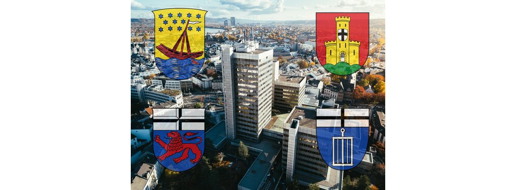 Die Fotomontage zeigt die Wappen der vier Bonner Stadtbezirke vor dem Hintergrund des Stadthauses und einer Stadtansicht