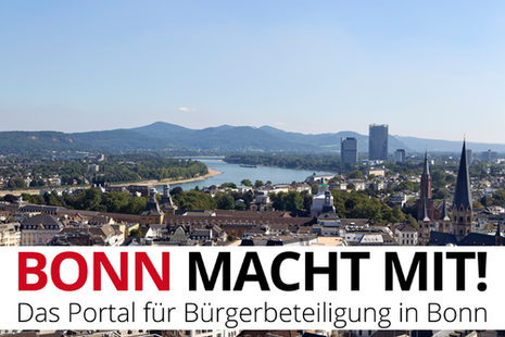 Stadtpanorama mit dem Schriftzug Bonn macht mit im Vordergrund
