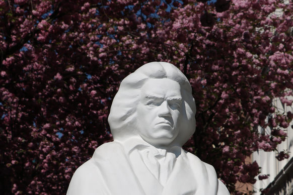 Das Foto zeigt eine weiße Statue von Ludwig van Beethoven. Im Hintergrund sind blühende Kirschbäume.