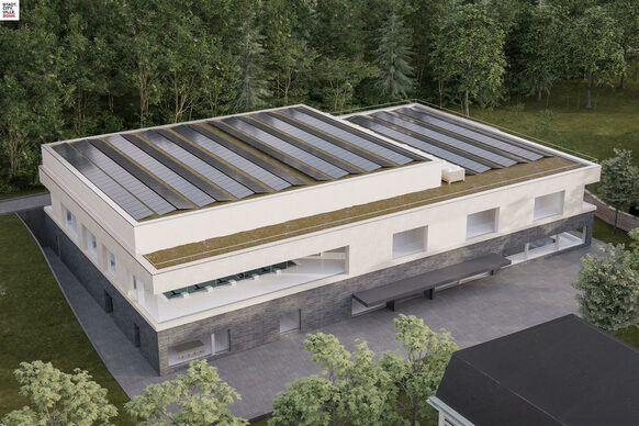 Ansicht des neuen Kurfürstenbads mit Solaranlage auf dem Dach.