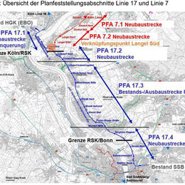Eine Karte zeigt die Planung der neuen Stadtbahnlinie von Bonn über Niederkassel nach Köln.