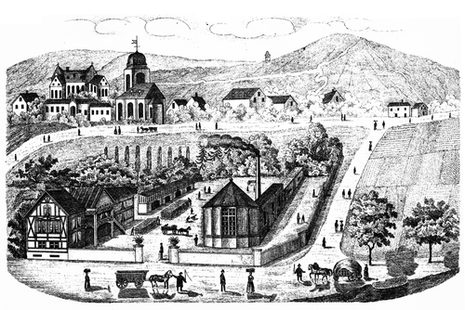 Der Roisdorfer Brunnen 1850, links im Hintergrund das nahegelegene Schloss Alfter