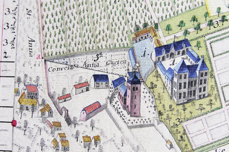 Schloss Alfter mit dem angrenzenden Kloster St. Anna der Augustinerinnen auf einer Karte von 1793