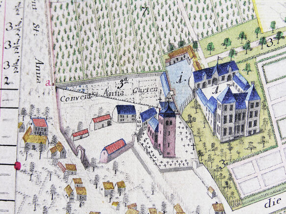 Alfter Castle with the adjacent convent of St Anne of the Augustinian  Sisters on a map of 1793