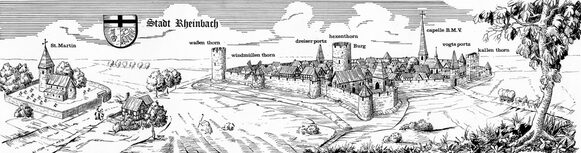 Reconstructed medieval view of the town of Rheinbach, drawing by Franz Josef Feuser