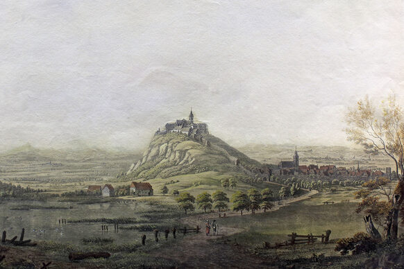 Michaelsberg with the Benedictine Abbey and the town of Siegburg, seen from the north, around 1800, coloured copperplate engraving by Johann Ludwig Bleuler