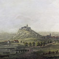 Der Michaelsberg mit der Benediktinerabtei und die Stadt Siegburg von Norden, um 1800, kolorierter Kupferstich von Johann Ludwig Bleuler