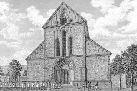 Die Abteikirche des Klosters Heisterbach, wie Beethoven sie noch gesehen haben könnte, Stahlstich von C. Collart, 1844