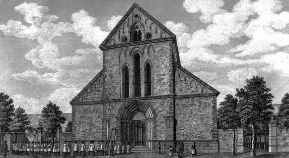 Die Abteikirche des Klosters Heisterbach, wie Beethoven sie noch gesehen haben könnte, Stahlstich von C. Collart, 1844