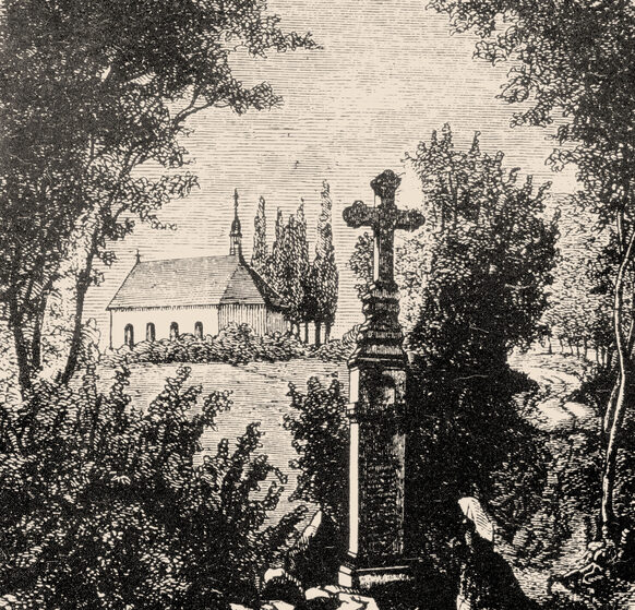 La chapelle Saint-Pierre, qui a inspiré le nom du Petersberg (« Mont Saint-Pierre »), lithographie, vers 1860