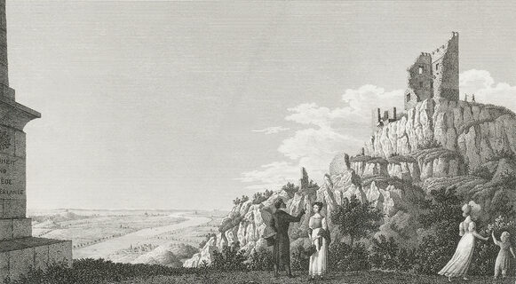 Vue de la plateforme du Drachenfels (« rocher du dragon ») sur Bonn et le paysage rhénan, vers 1820