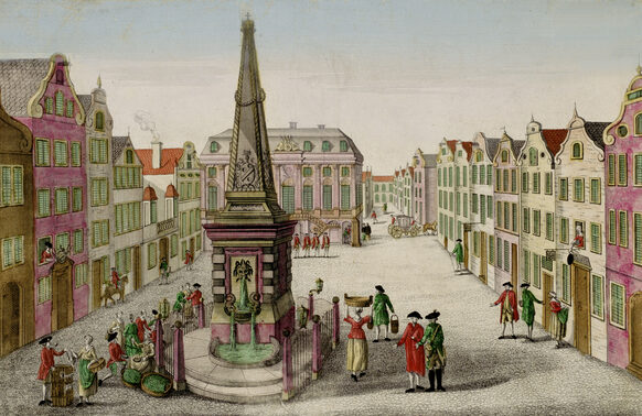 Market place with Zehrgarten Inn (second house from the right) and the Old City Hall (centre), view from the second half of the 18th century