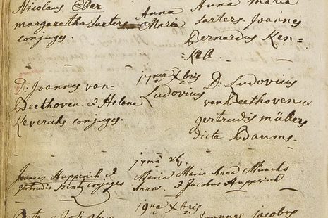 Der handgeschriebene Taufeintrag Ludwig van Beethovens im Kirchenbuch von 1770.