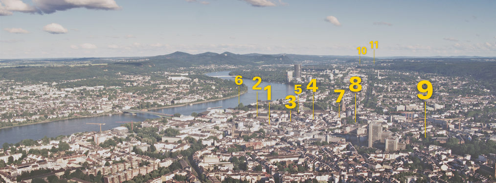 Luftansicht von Bonn mit Rhein und Siegengebirge