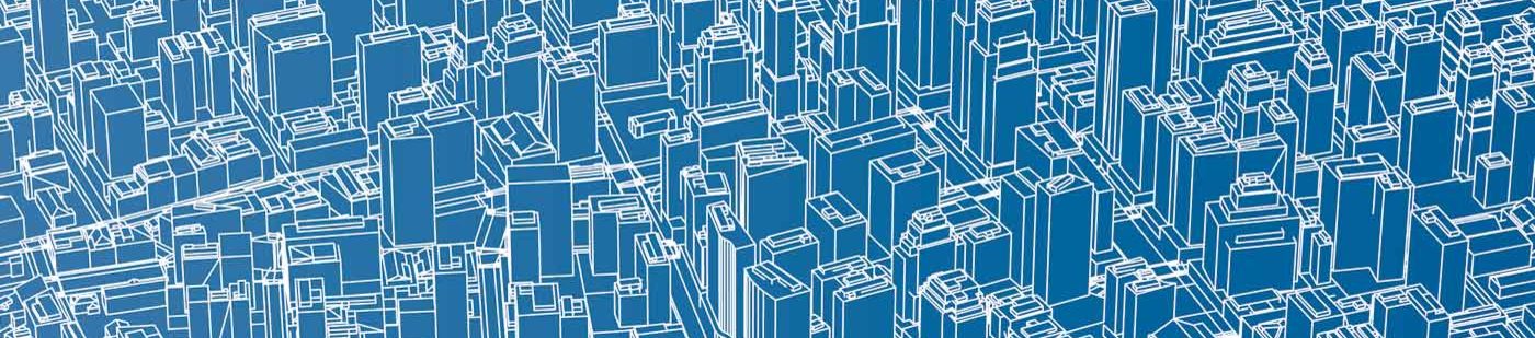 Blau-weiße Grafik, die Stadt mit Hochhäusern zeigt