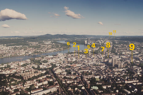 Luftansicht von Bonn mit Rhein und Siebengebirge