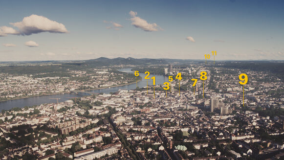 Luftansicht von Bonn mit Rhein und Siebengebirge