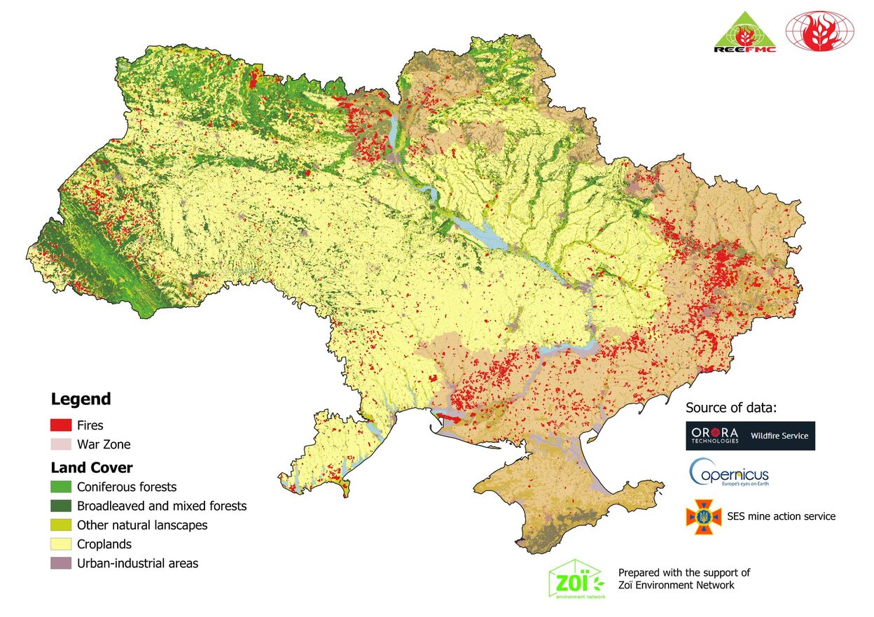The map shows wildfires in Ukraine