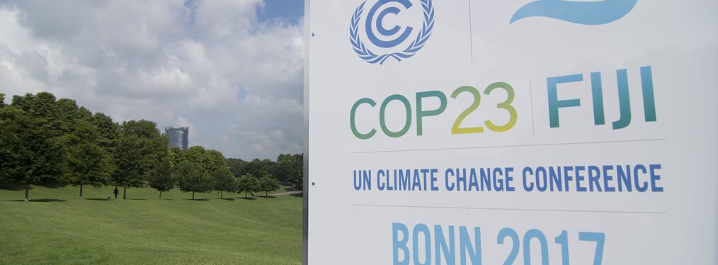Infostele in der Rheinaue mit dem Hinweis auf die Weltklimakonferenz COP23 2017 in Bonn