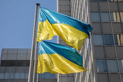 Als Zeichen der Solidarität mit der Ukraine hängen die Flaggen des osteuropäischen Staates vor dem Bonner Stadthaus.