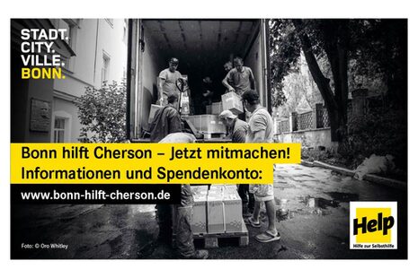 Das Bild zeigt das Kampagnenmotiv zur Spendenpartnerschaft für Cherson von Stadt Bonn und Help - Hilfe zur Selbsthilfe.