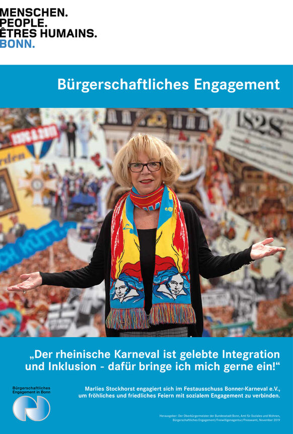 Plakat zum bürgerschaftlichen Engagement mit der Präsidentin des Festausschusses Bonner Karneval e.V.