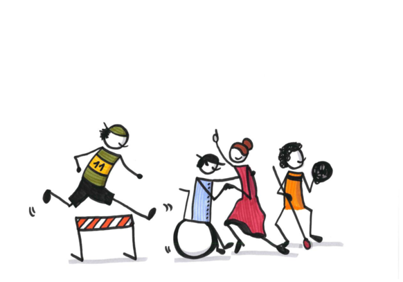 Die Zeichnung zeigt einen Hürdenläufer, eine Person, die mit einem Rollstuhlfahrer tanzt und eine blinde Sportlerin