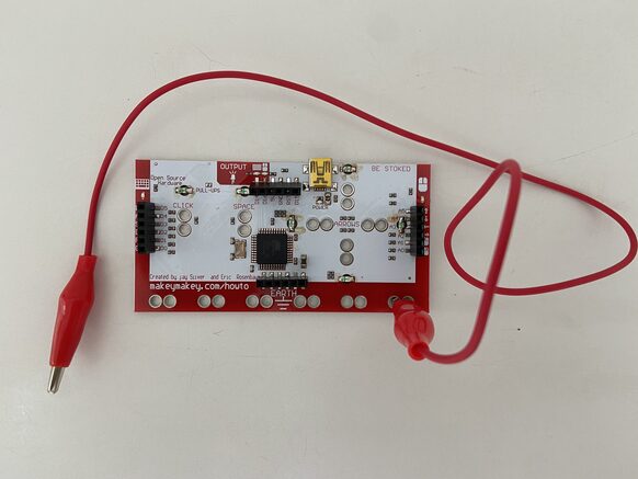 Eine Computerplatine mit rotem Kabel und Stecker