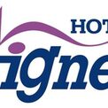 Logo mit blauem Schriftzug Hotel Aigner
