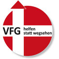 Kreisförmiges Logo in rot mit weißem Kreuz und Schriftzug "VFG Helfen statt wegsehen"