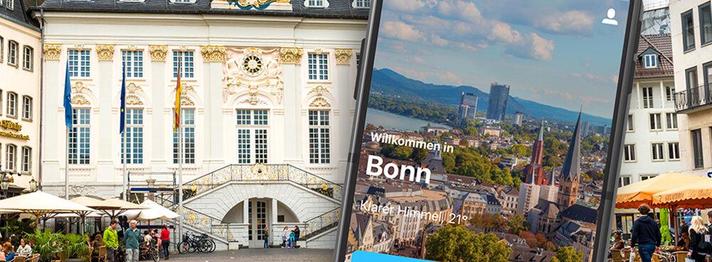 Die Fotomontage zeigt ein Smartphone mit der Citykey-App vor dem Alten Rathaus