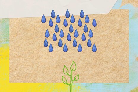 Die Zeichnung zeigt blaue Regentropfen über einer Pflanze