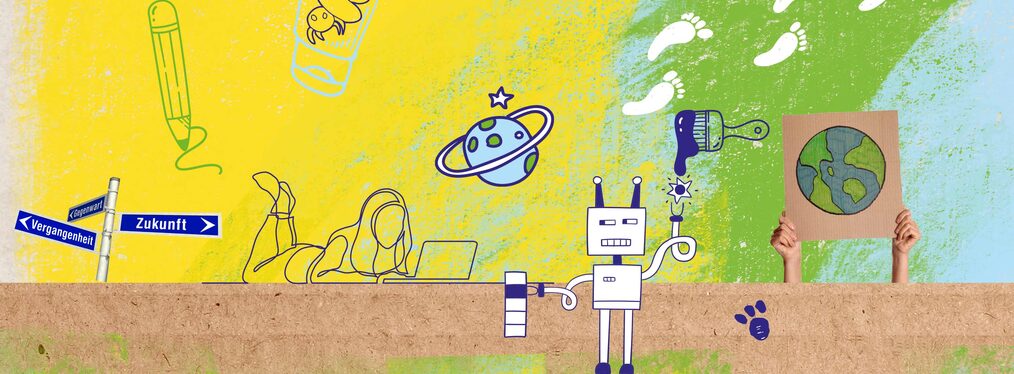 Die Zeichnung zeigt Roboter, Planeten, einen Wegweiser und einen am Laptop lesenden Menschen