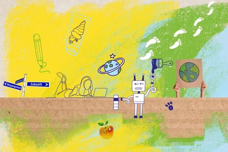 Die Zeichnung zeigt Roboter, Planeten, einen Wegweiser und einen am Laptop lesenden Menschen