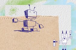 Die Zeichnung zeigt zwei stilisierte Robotermännchen