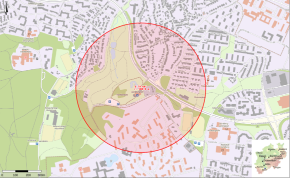 Das Bild zeigt eine Landkarte mit dem Evakuierungs-Radius rund um die Bomben-Fundstelle im Hardtbergbad, In der Dehlen.